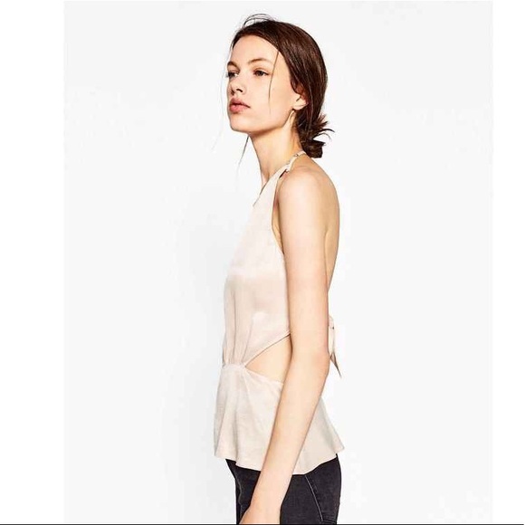 Zara Tops - Zara Nude Satin Backless Halter Peplum Flounce Top Zara Tops - Zara Nude Satin Backless Halter Peplum Flounce Top